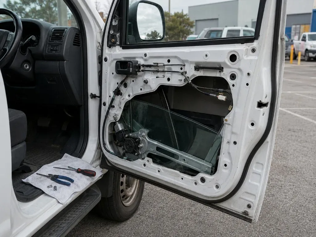Before: vehicle door with the trim panel removed exposing the power window regulator and motor